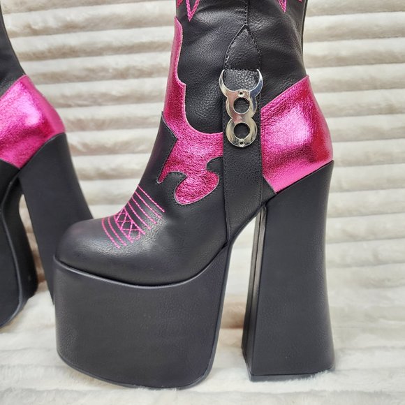 Free Your Mind Western Designed Platform Chunky Heel Knee Boots Festival Gothic - Picture 8 of 17